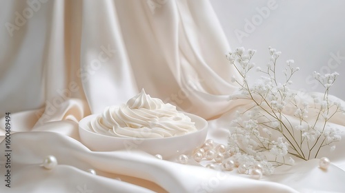 Elegant Dessert Still Life Whipped Cream, Pearls, and Baby's Breath on Silk
