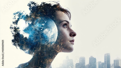 Fototapeta Naklejka Na Ścianę i Meble -  Beautiful woman with earth merged into her head, global thinking and environment fusion, double exposure, digital silhouette, cyber human