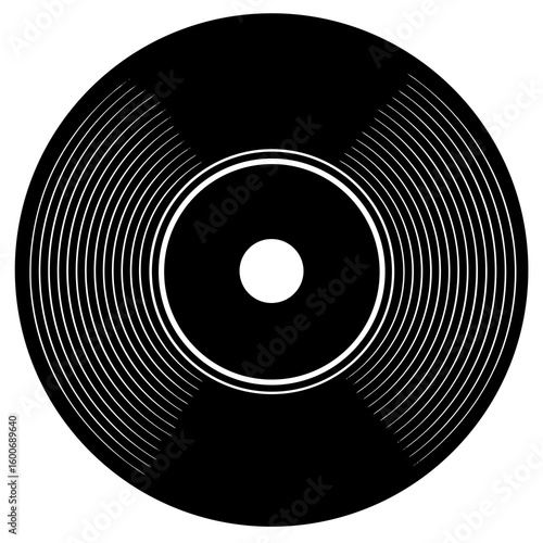 Stylized black vinyl record with white grooves and center label