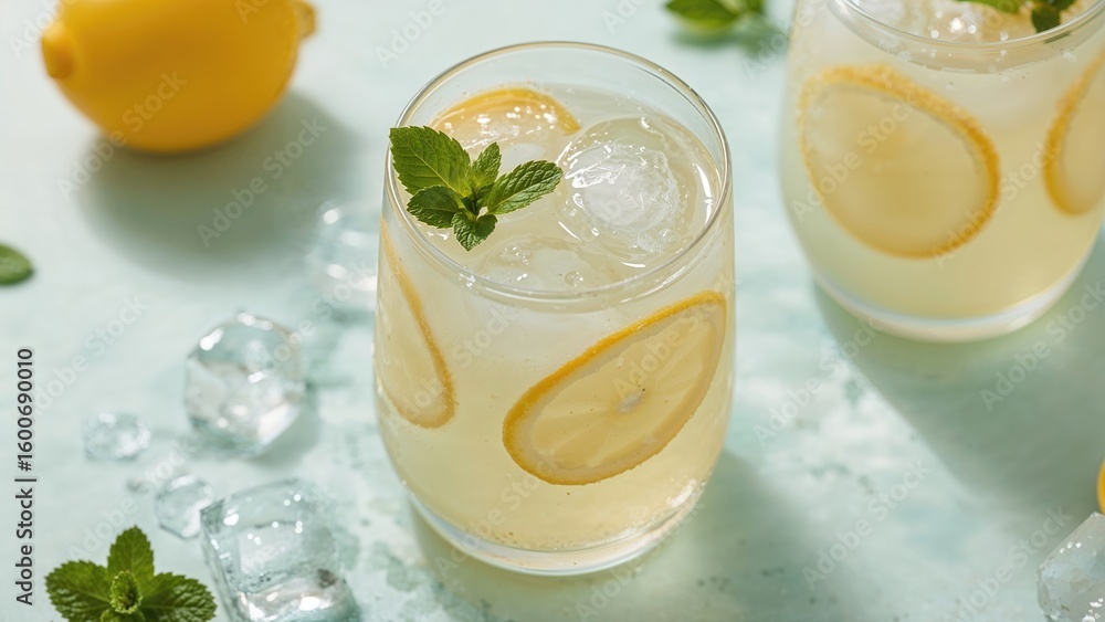 Fototapeta premium Iced lemonade infused with cool mint leaves