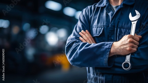 A confident male mechanic in a blue uniform stands with arms crossed, holding a large adjustable wrench in one hand.