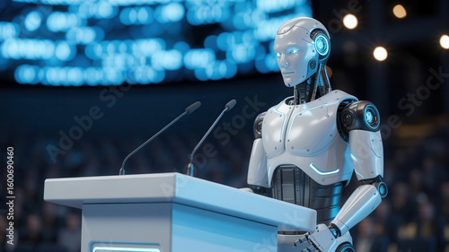 Humanoid robot addresses audience from podium with microphones
