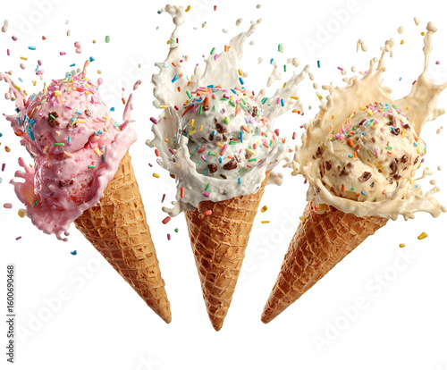 Delightful ice cream cones, cascading with flavorful toppings and milky splash, perfect summer indulgence, on transparent background