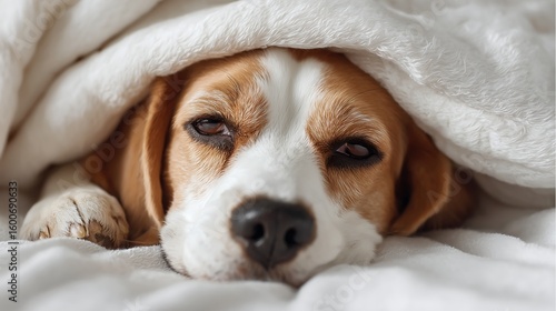 A close-up of a sleepy beagle dog lying under a soft white blanket. The dog's eyes are half-closed, and it looks cozy and relaxed, resting its head on the blanket.