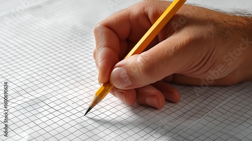 A close-up of a person's hand holding a yellow pencil, writing on a blank sheet of graph paper. The paper has a square grid pattern, and the hand is poised to begin writing.