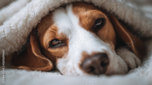 A close-up of a sleepy beagle dog lying under a soft white blanket. The dog's eyes are half-closed, and it looks cozy and relaxed, resting its head on the blanket.
