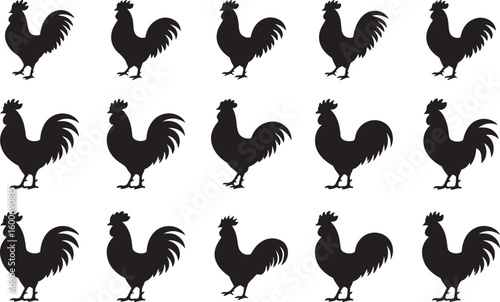 rooster called icon set , rooster crowing in the morning silhouette icon, solid black rooster vector icon, rooster illustration set,