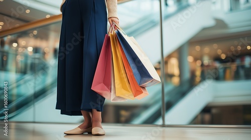 A stylish woman standing indoors at a shopping mall, holding multiple colorful shopping bags in one hand. She is wearing wide-legged navy blue pants and beige flat shoes. 