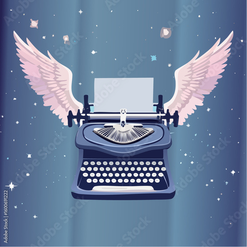 Whimsical winged typewriter inspires creative writing amidst a starry, dreamlike sky