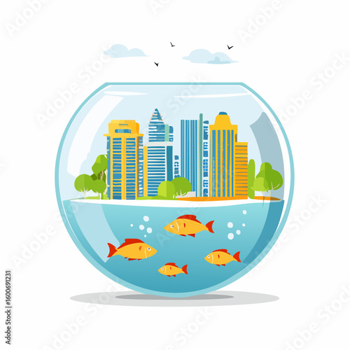 Captivating cityscape contained within a fishbowl, symbolizing urban life and nature's delicate balance.
