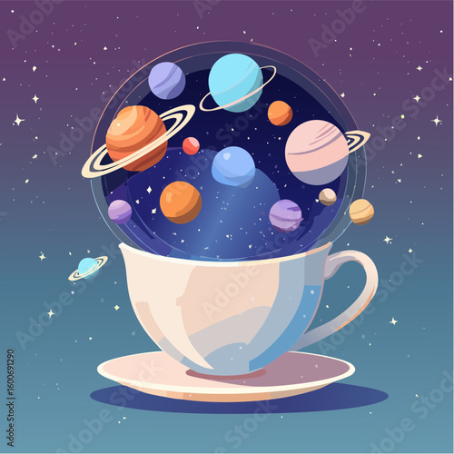 Dreamy celestial universe contained within a teacup, sparking imagination and wonder
