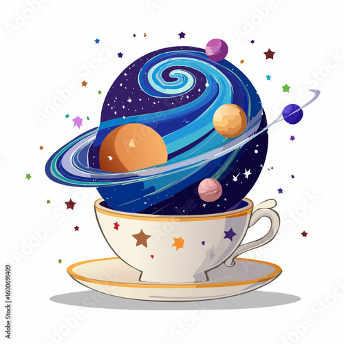 Whimsical teacup overflows with vibrant cosmic galaxy and planets, sparking imagination and wonder