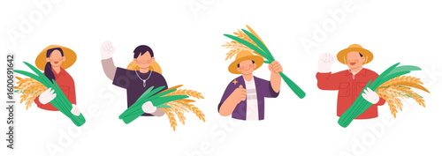 Set of woman and male farmer character illustrations carrying rice paddy harvest. Cartoon, flat design perfect for agricultural themes and farming educational materials
