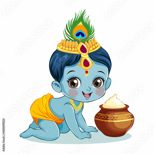 Adorable baby Krishna with peacock feather crown and pot of butter, celebrating festivals with joy