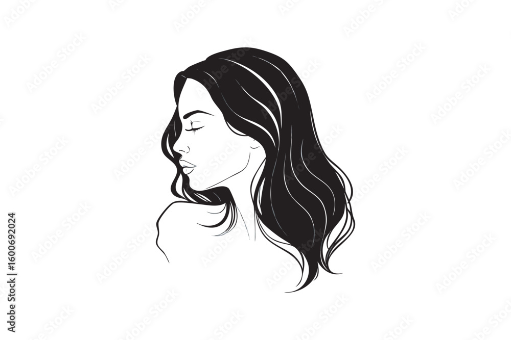 Elegant Woman Portrait Illustration with Flowing Hair in Black and White Minimalist Style on a White Background Elegant Woman Portrait Illustration with Flowing Hair in Black and White Minimalist Style on a White Background
