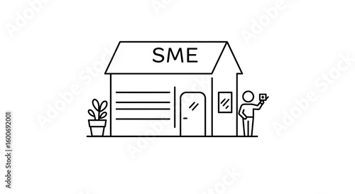 SME illustration: A minimalist, modern illustration of a small and medium enterprise (SME) featuring a storefront, symbolizing a local business, and a person.