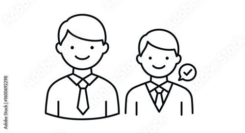 Confident Professionals' Team: Conceptual illustration, two professional figures, one marked with a check, representing approval, agreement and validation.