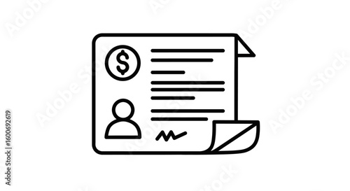 Financial agreement document: A simple, yet striking, illustration of a financial agreement document, featuring a dollar sign, person icon, and a signature, conveying themes of business, finance.