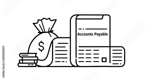 Finance Illustration: An artistic portrayal of financial concepts with essential elements like money bag, accounts payable and stacks of documents.