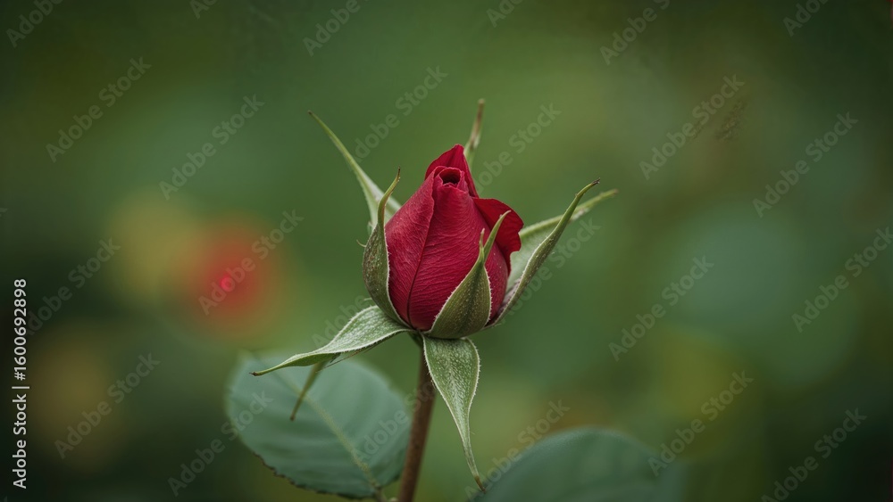 Fototapeta premium Vivid scarlet rose emerging from a hazy setting