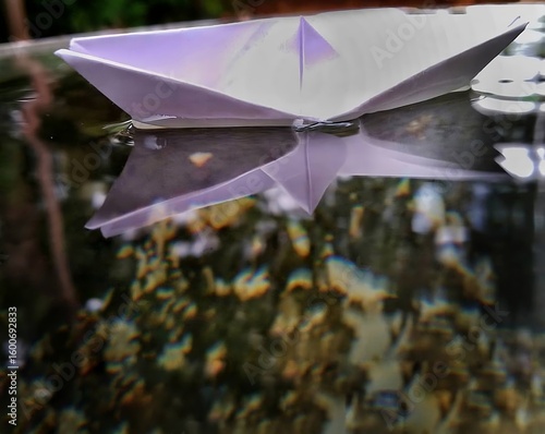 Paper Boat Floating on Water with Reflection