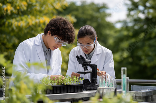 Scientists examining plant samples under a microscope in an outdoor laboratory setting.