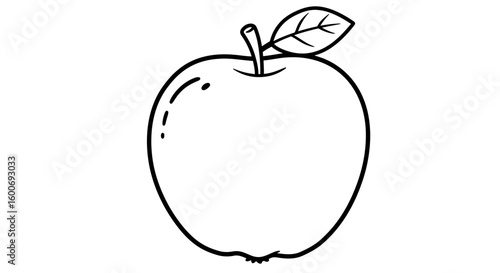 Apple Illustration: A simple, elegant outline of a ripe, juicy apple with a leaf, perfect for designs requiring freshness and a touch of nature.