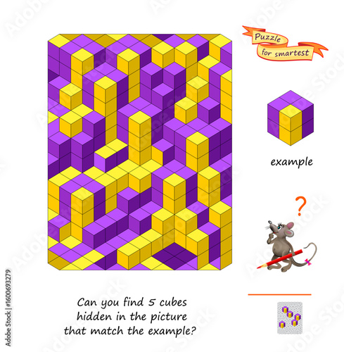Can you find 5 cubes hidden in the picture that match the example? Logic puzzle game for children and adults. Brain teaser book. Develop spatial thinking. Task for attentiveness. Vector illustration.