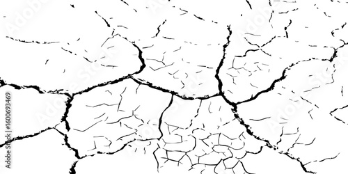 Black and white illustration of cracked, dry earth with deep fractures and irregular textures. Perfect for drought, desert, or environmental-themed designs and nature-inspired backgrounds.