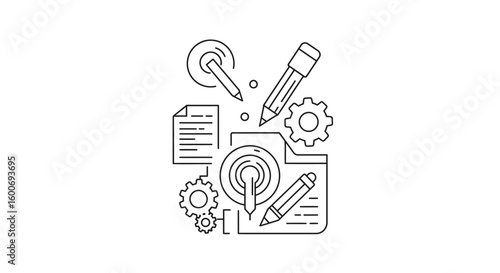 Design Essentials: A precise, minimalist illustration showcases key elements of design and creativity, perfectly symbolizing the conceptualization and realization of innovative ideas.