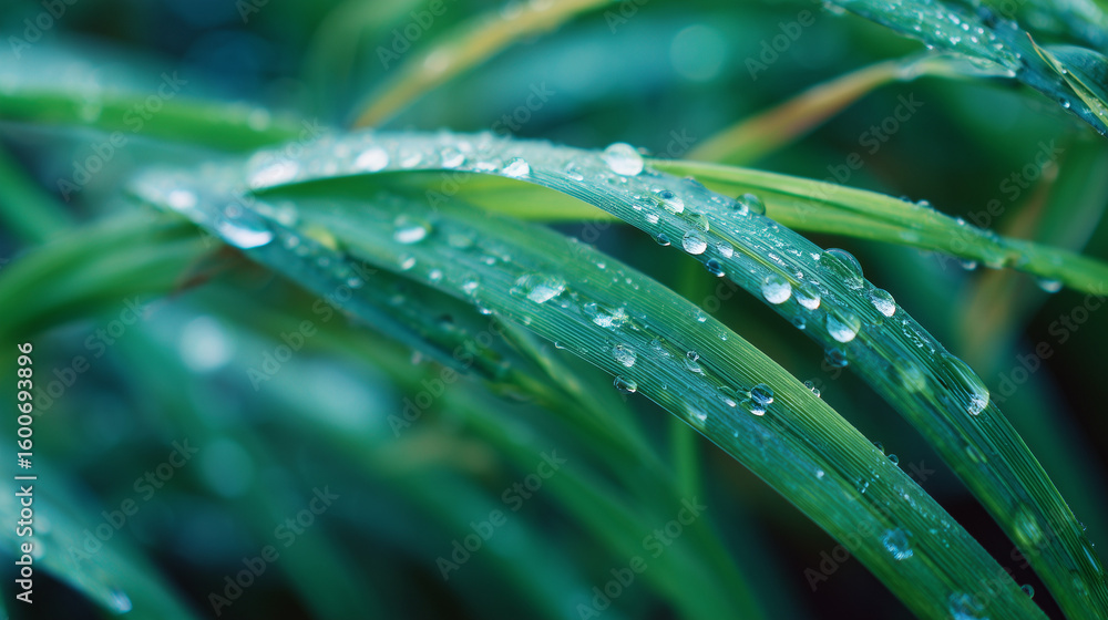 Naklejka premium Dewy grass blades with water droplets, a fresh morning's delicate beauty