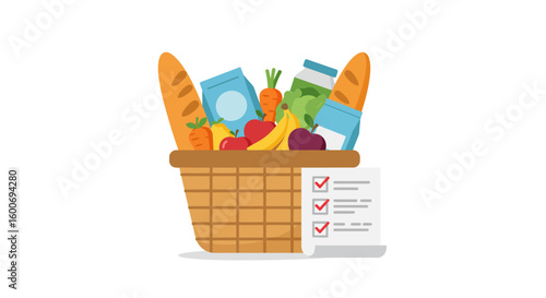 Full grocery basket with fresh produce, bread, and dairy, alongside a completed shopping checklist.