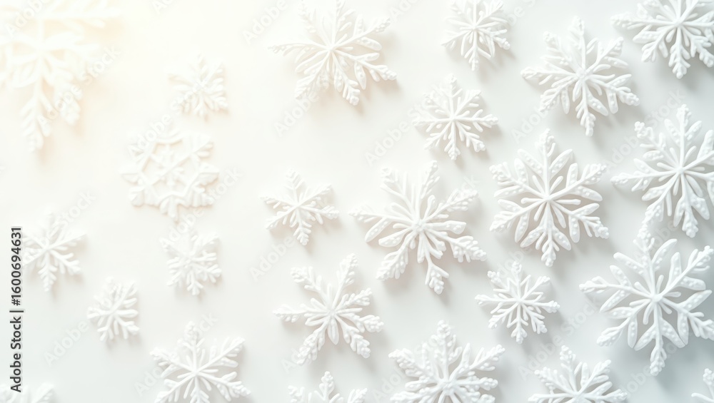 White snowflakes arranged on a light background. White snowflakes arranged on a light background.