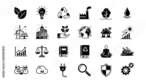 A comprehensive collection of eco-friendly icons representing sustainability, renewable energy, and environmental protection concepts for creative projects