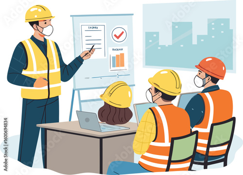 Construction industry professionals: diverse workers, from onsite builders in helmets to office engineers and managers, collaborating on projects