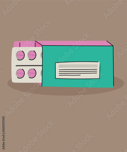 Flat Design Illustration with a Pack of Pills at Pink Color