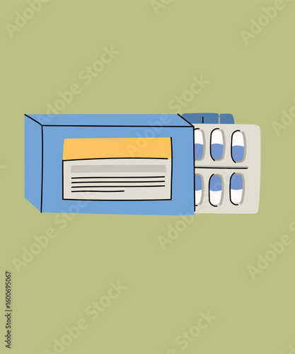 Flat Design Illustration with a Pack of Pills at Blue Color