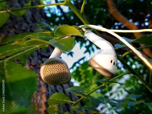 headphones hanging on a plant