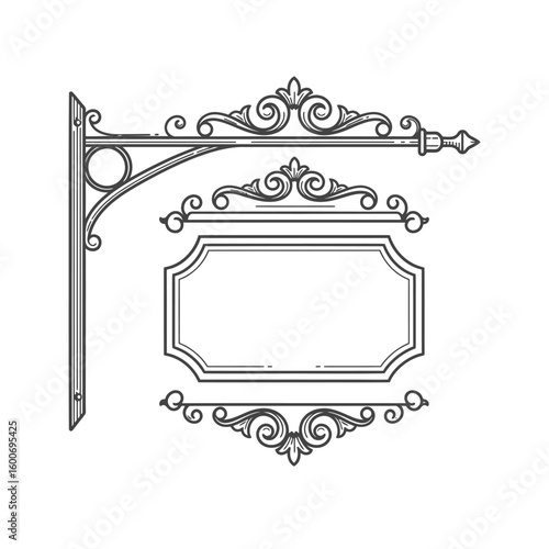 Ornate vintage sign board vector illustration in black and white outline