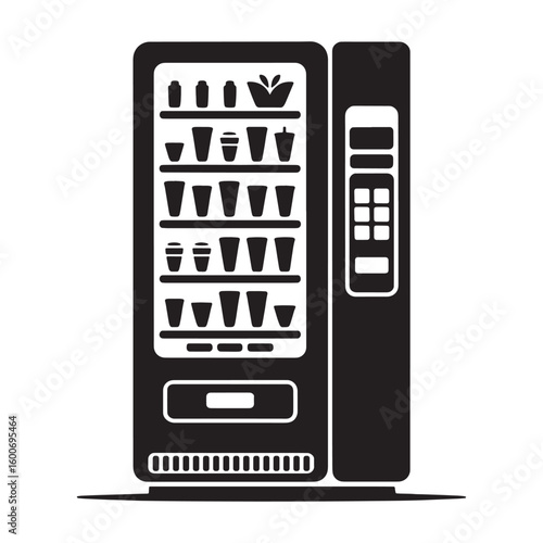 Black and white illustration of a vending machine with drinks and snacks beverages