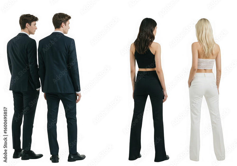 Fototapeta premium Rear view of four individuals posing against dark backdrop on transparent background