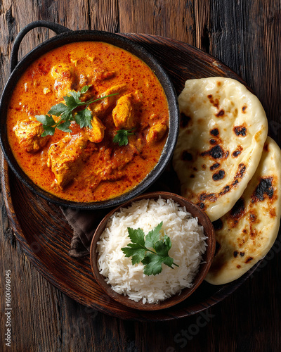 Overhead shot of chicken tikka masala with rice and naan bread on wood table