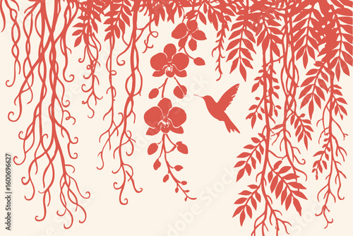 Elegant vector illustration of a hummingbird silhouette with hanging orchid flowers and tropical vines. Decorative floral nature background.