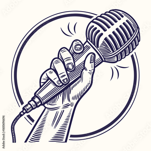 Vintage microphone vector art for karaoke night or podcast recording with hand holding microphone design