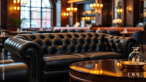 Luxurious leather sofa and coffee table in an upscale restaurant with warm ambient lighting.
