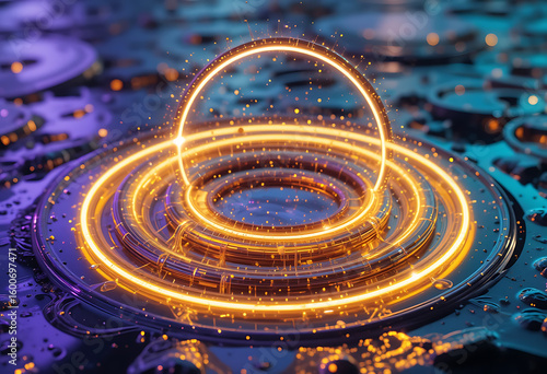 Wallpaper Mural 
The image displays a futuristic, glowing orange ring structure emanating from a circular base, surrounded by a dark, metallic surface with subtle reflections and light particles. Torontodigital.ca