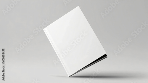 Blank white open book or magazine tilted slightly on a clean light gray studio background with soft shadow