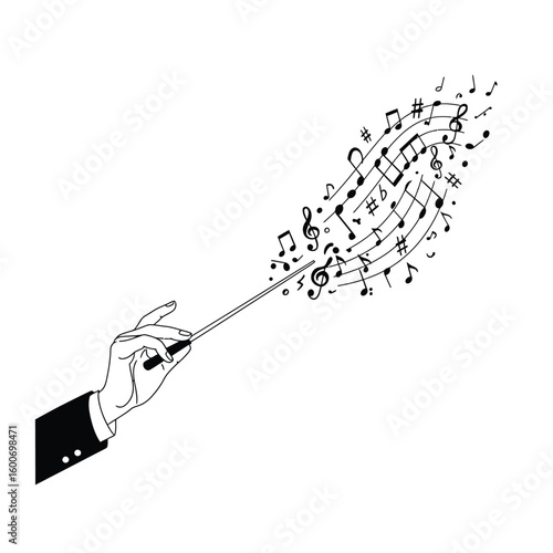 Orchestral Conductor Leading Musical Notes