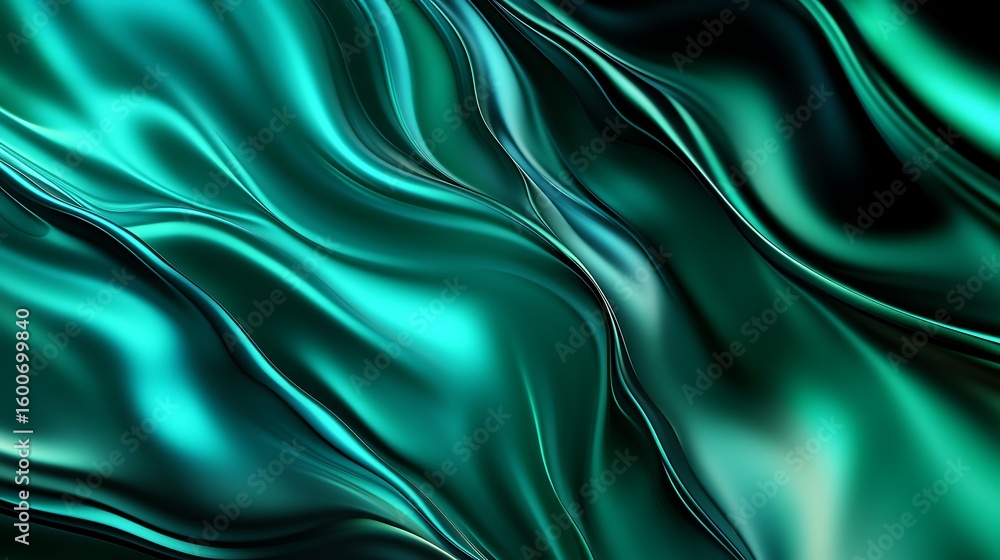 Obraz premium Abstract teal green flowing liquid background with metallic sheen, smooth waves and curves