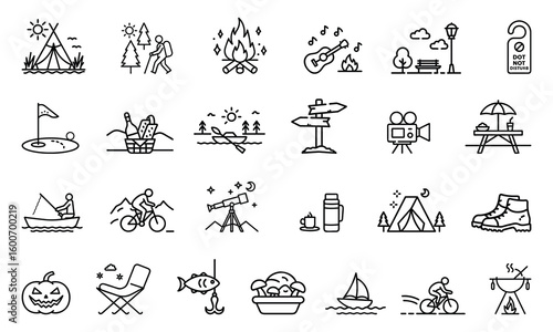 A variety of camping and outdoor activity icons are arranged on a white background